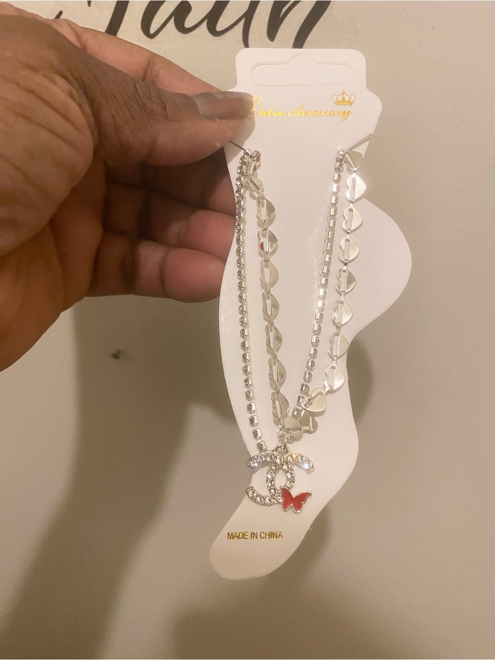 Rhinestone Fashion Double Strand Anklet,Logo and Butterfly Charm,Silver & Red